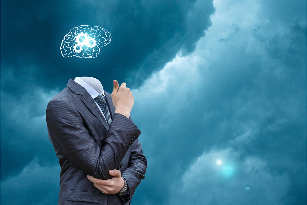 Brain storming businessman on background of sky.